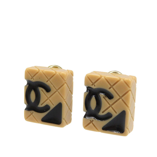 CHANEL Earring Plastic, Gold Plated beige Cambon line Women Used Authentic