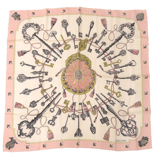 HERMES scarf silk pink Carre90 LES CLES key pattern Women Used Authentic