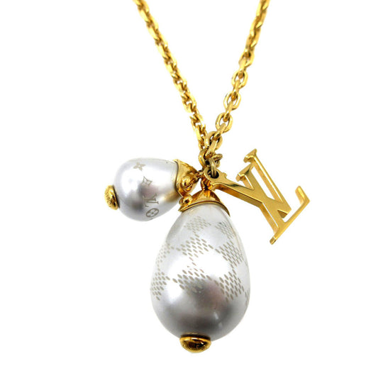 LOUIS VUITTON Necklace M66322 Metal, Faux Pearl gold Pearl Damier Pandantiffe Women Used Authentic