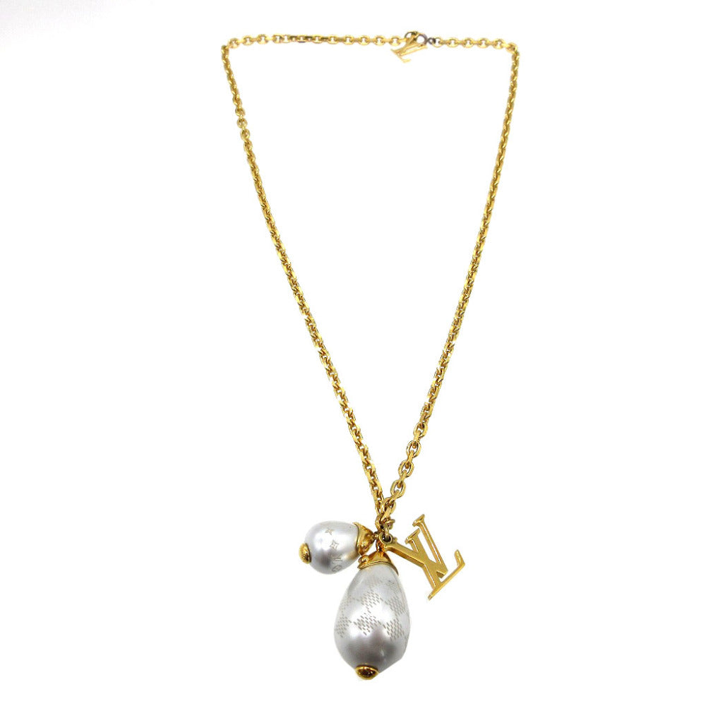 LOUIS VUITTON Necklace M66322 Metal, Faux Pearl gold Pearl Damier Pandantiffe Women Used Authentic