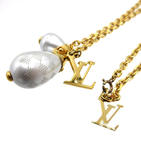 LOUIS VUITTON Necklace M66322 Metal, Faux Pearl gold Pearl Damier Pandantiffe Women Used Authentic