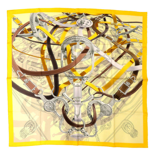 HERMES scarf silk yellow Carre90 CAVALCODOUR VOLTIGEUR Women Used Authentic