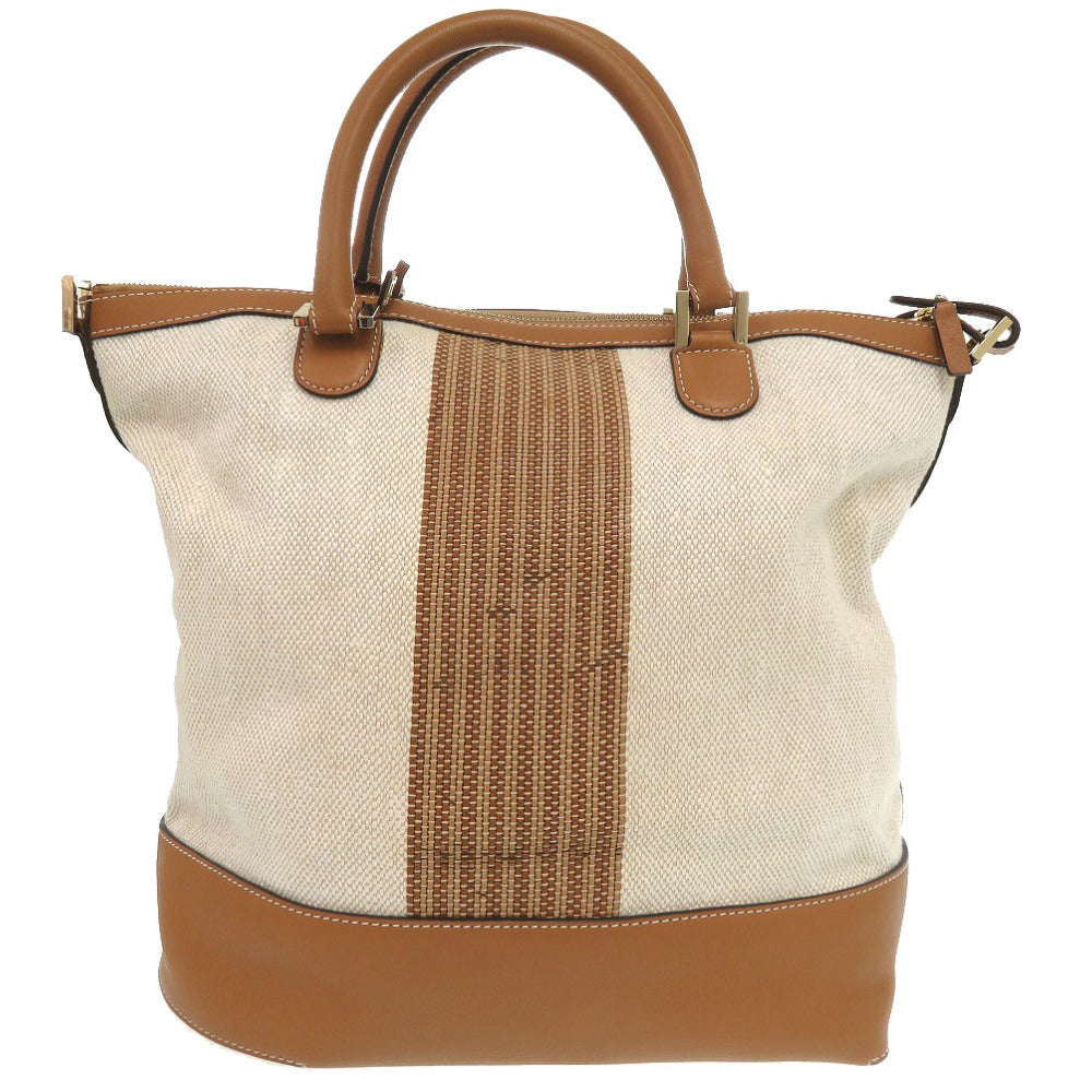 DELVAUX Tote Bag Leather, Cotton Canvas Brown Everyday Bag Women Used Authentic