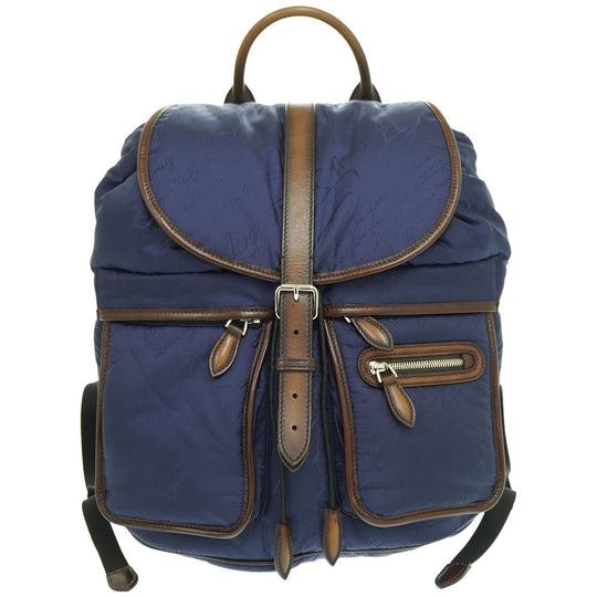 Berluti Backpack Nylon, Leather Navy Scritto Calligraphy Backpack mens Used Authentic