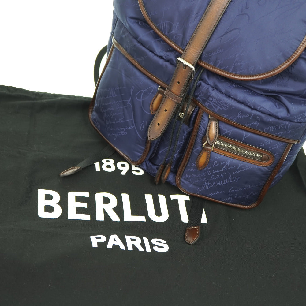 Berluti Backpack Nylon, Leather Navy Scritto Calligraphy Backpack mens Used Authentic
