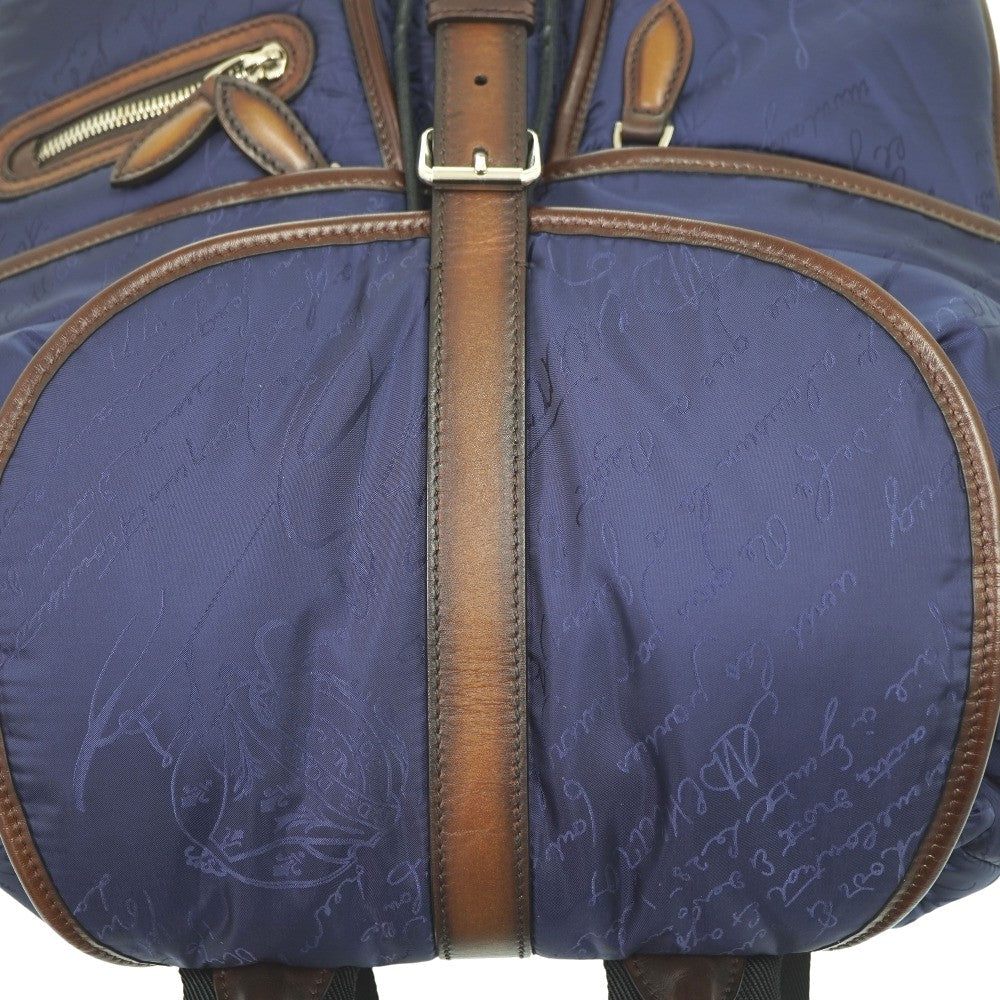 Berluti Backpack Nylon, Leather Navy Scritto Calligraphy Backpack mens Used Authentic