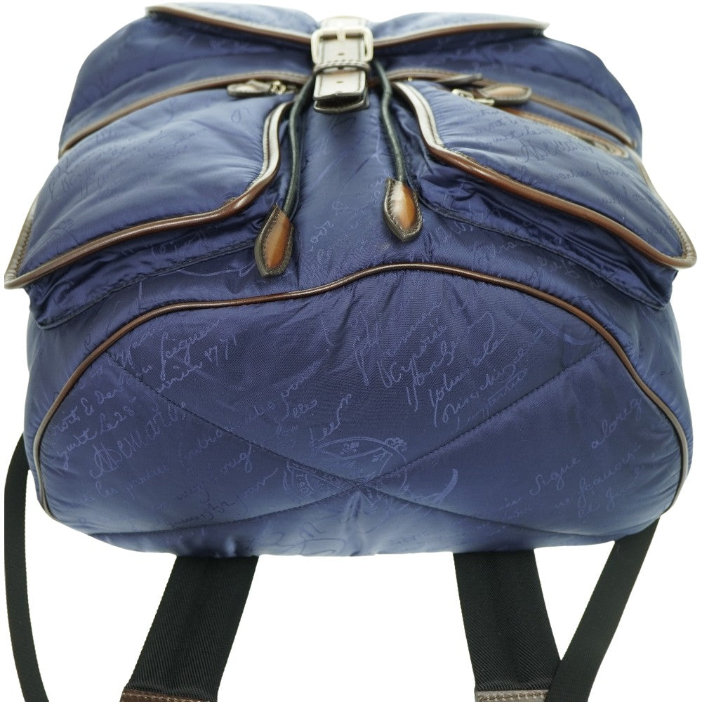 Berluti Backpack Nylon, Leather Navy Scritto Calligraphy Backpack mens Used Authentic