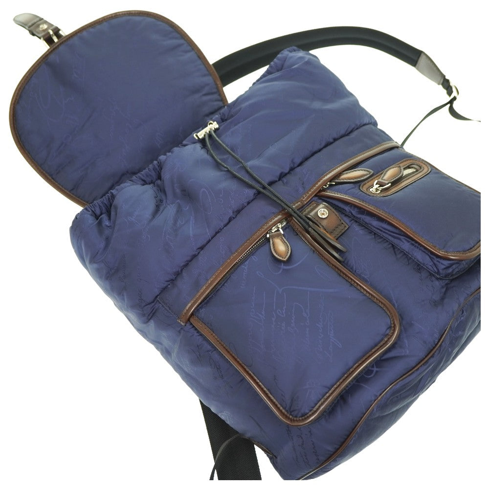 Berluti Backpack Nylon, Leather Navy Scritto Calligraphy Backpack mens Used Authentic