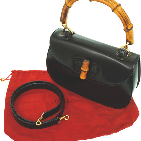 GUCCI Handbag leather black Bamboo Women Used Authentic