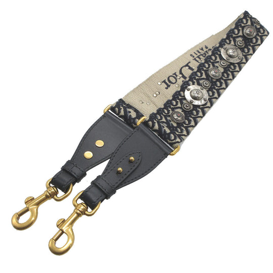 Christian Dior Shoulder strap Canvas, Leather Navy Embroidery Oblique unisex(Unisex) Used Authentic