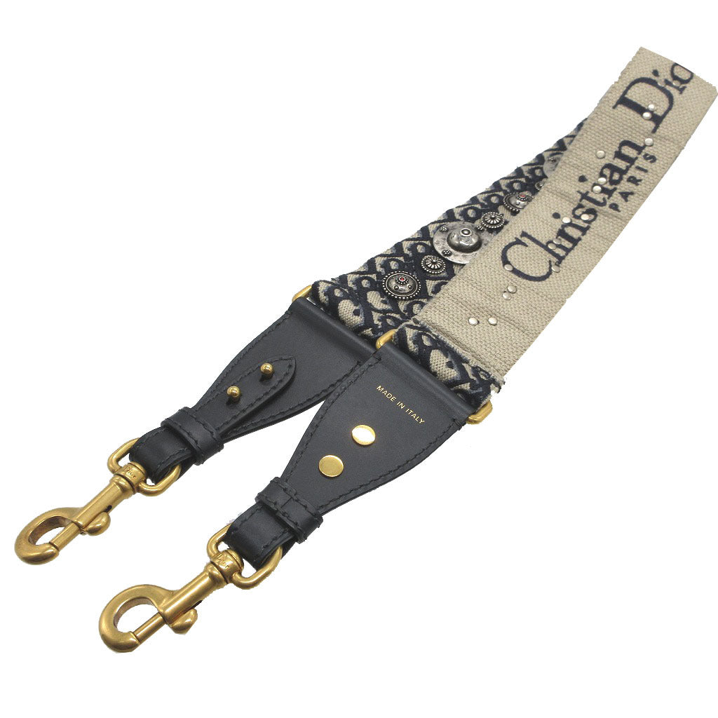 Christian Dior Shoulder strap Canvas, Leather Navy Embroidery Oblique unisex(Unisex) Used Authentic