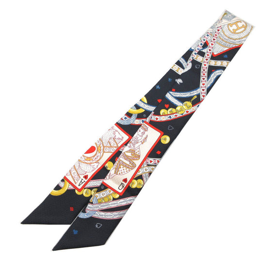 HERMES scarf silk Navy DAME DE COEUR BIJOU STONE QUEEN OF HEARTS PLAYING CARDS Twilly Women Used Authentic