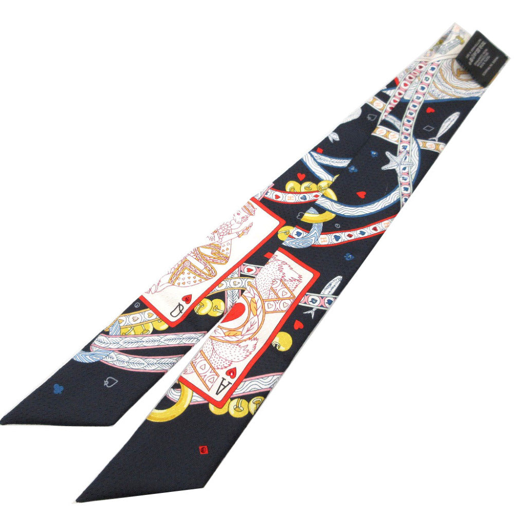 HERMES scarf silk Navy DAME DE COEUR BIJOU STONE QUEEN OF HEARTS PLAYING CARDS Twilly Women Used Authentic
