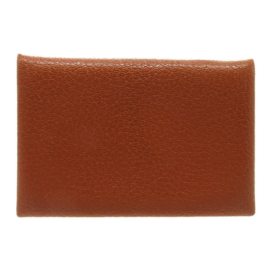 HERMES Card Case Shave Brown Calvi Women Used Authentic