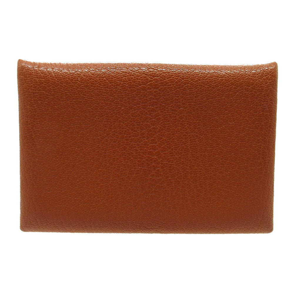 HERMES Card Case Shave Brown Calvi Women Used Authentic