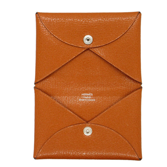 HERMES Card Case Shave Brown Calvi Women Used Authentic