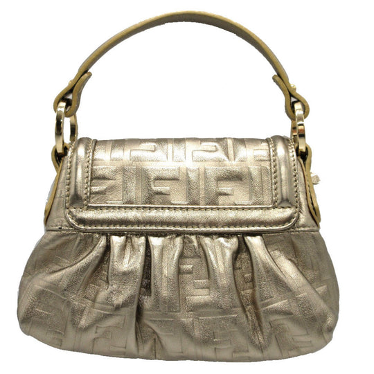 FENDI Pouch 8BK042 leather gold Mini Bag Shoulder Pouch Zucca Pattern Women Used Authentic