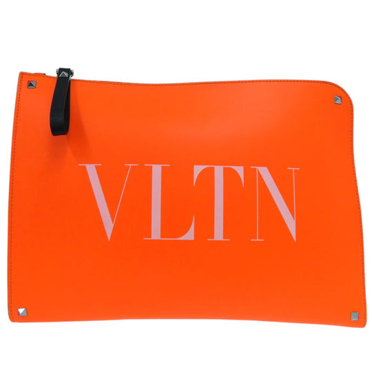 Valentino Garavani business bag leather Orange Rockstud Neon Orange Leather VLTN Document Case unisex(Unisex) Used Authentic