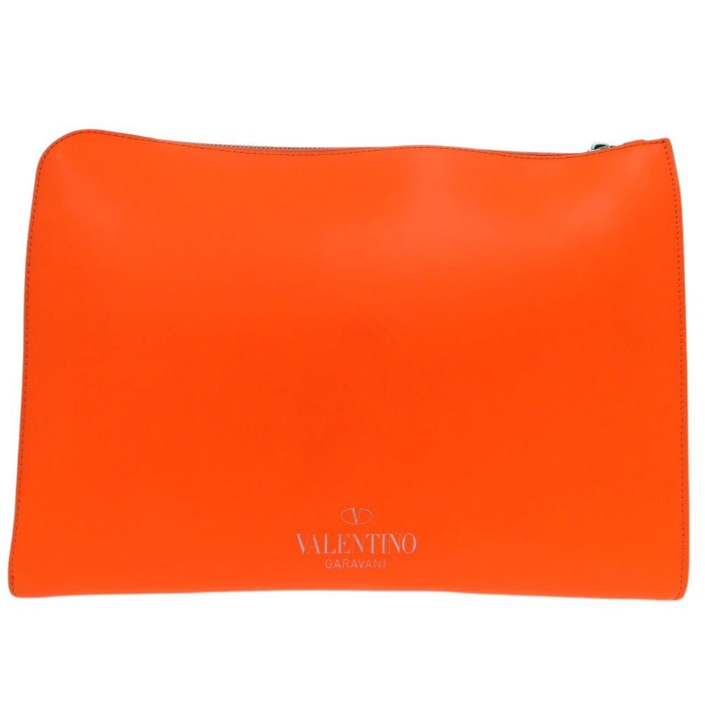 Valentino Garavani business bag leather Orange Rockstud Neon Orange Leather VLTN Document Case unisex(Unisex) Used Authentic