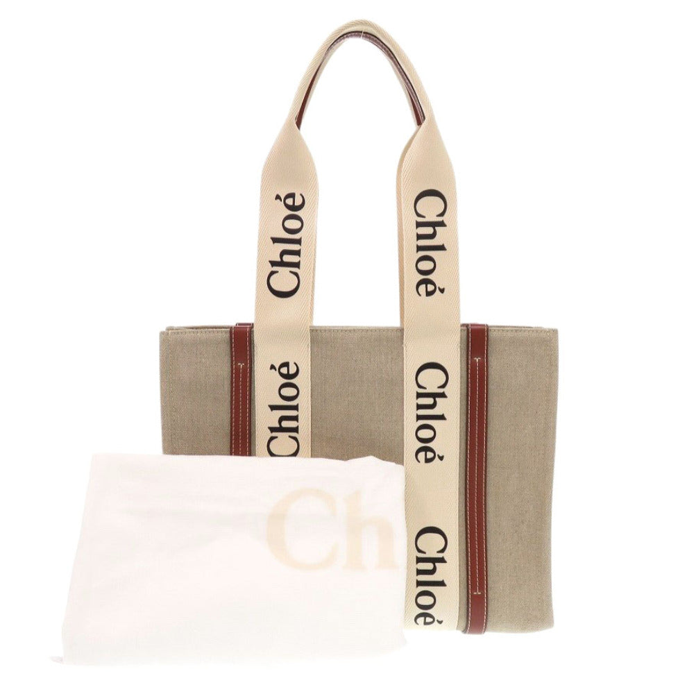 Chloe Handbag leather white WOODY Medium Tote Bag Women Used Authentic