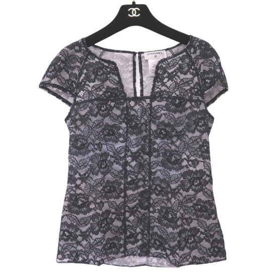 CHANEL blouse P47412W05438 cotton Navy Camellia lace floral short sleeve cut and sew blouse size 36 Women 36 Used Authentic