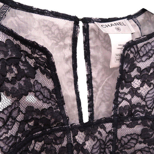 CHANEL blouse P47412W05438 cotton Navy Camellia lace floral short sleeve cut and sew blouse size 36 Women 36 Used Authentic