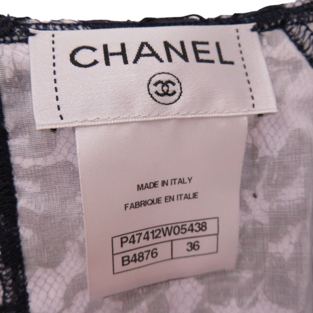 CHANEL blouse P47412W05438 cotton Navy Camellia lace floral short sleeve cut and sew blouse size 36 Women 36 Used Authentic