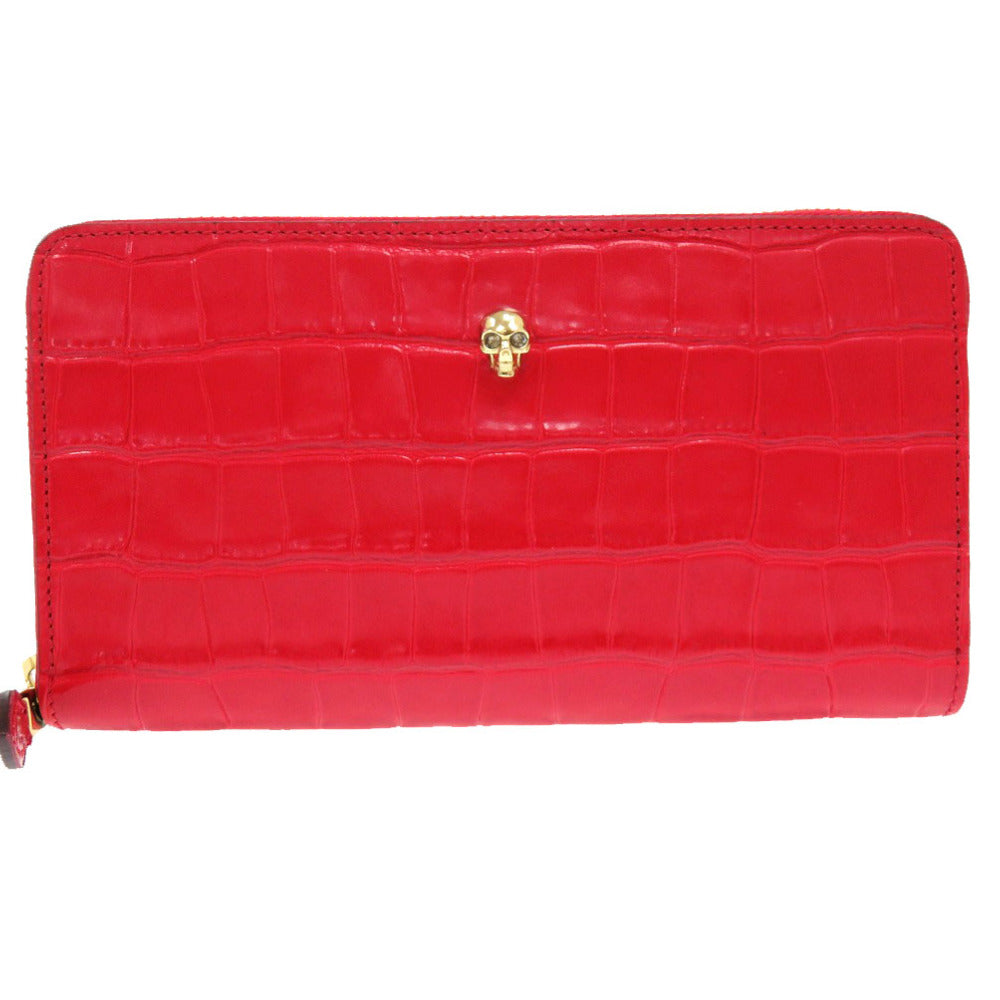 Alexander McQueen Long Wallet Purse Embossed leather Red Skull Zip Around Women Used Authentic