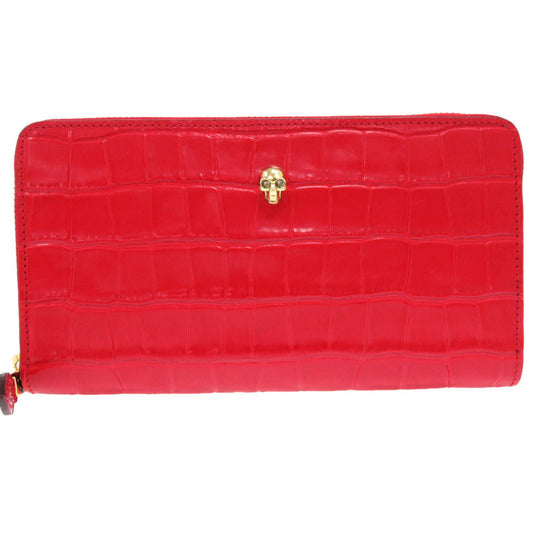 Alexander McQueen Long Wallet Purse Embossed leather Red Skull Zip Around Women Used Authentic