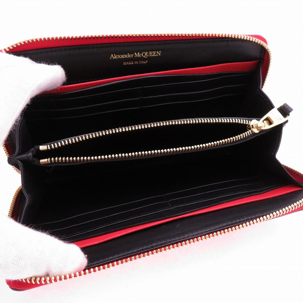 Alexander McQueen Long Wallet Purse Embossed leather Red Skull Zip Around Women Used Authentic