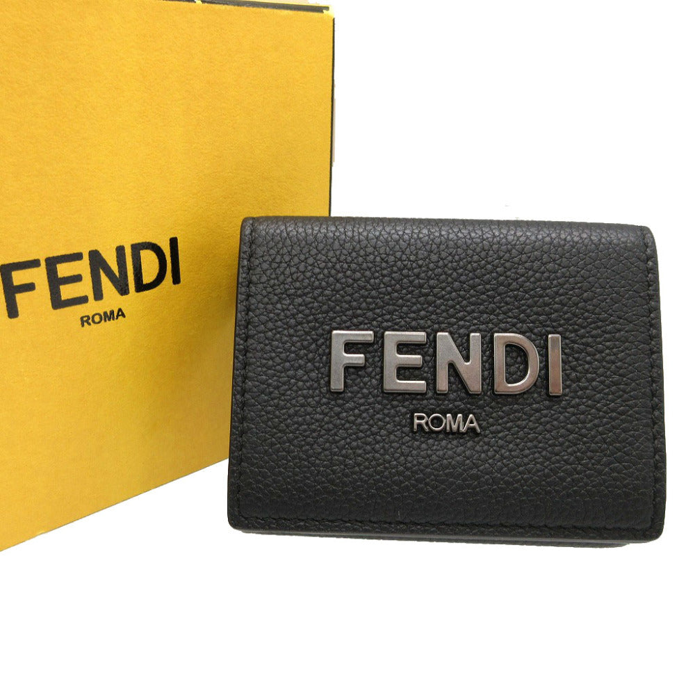 FENDI Tri-fold wallet 7M0280 leather black Compact wallet signature logo mens Used Authentic