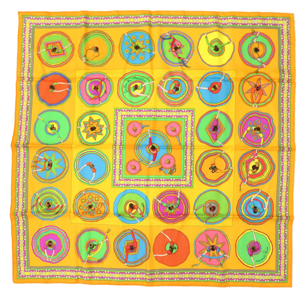 HERMES scarf silk Orange Carre90 "Mexican Dance" Belles of Mexico Women Used Authentic