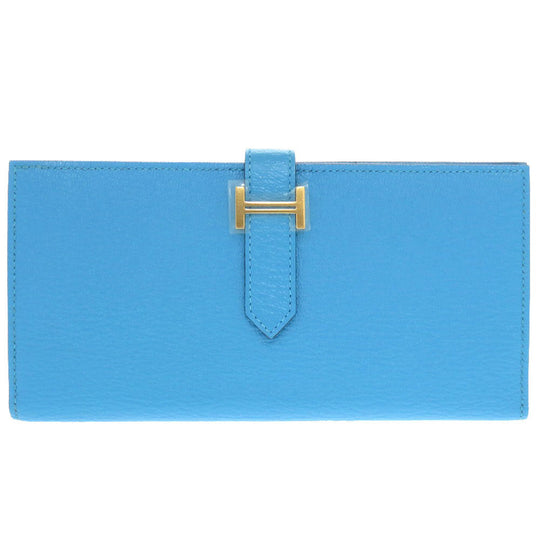 HERMES Long Wallet Purse Shave Blue Az Tech Beansufla Women Used Authentic