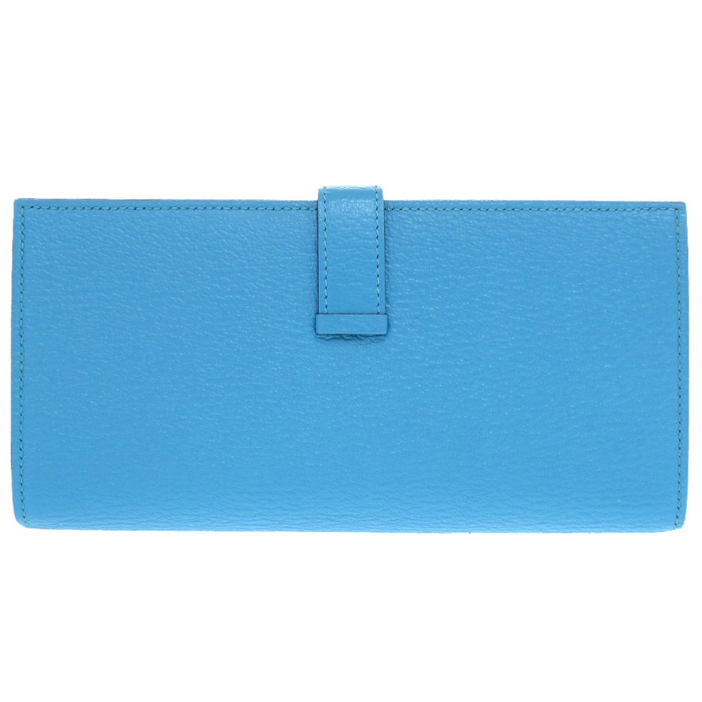 HERMES Long Wallet Purse Shave Blue Az Tech Beansufla Women Used Authentic