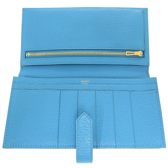 HERMES Long Wallet Purse Shave Blue Az Tech Beansufla Women Used Authentic