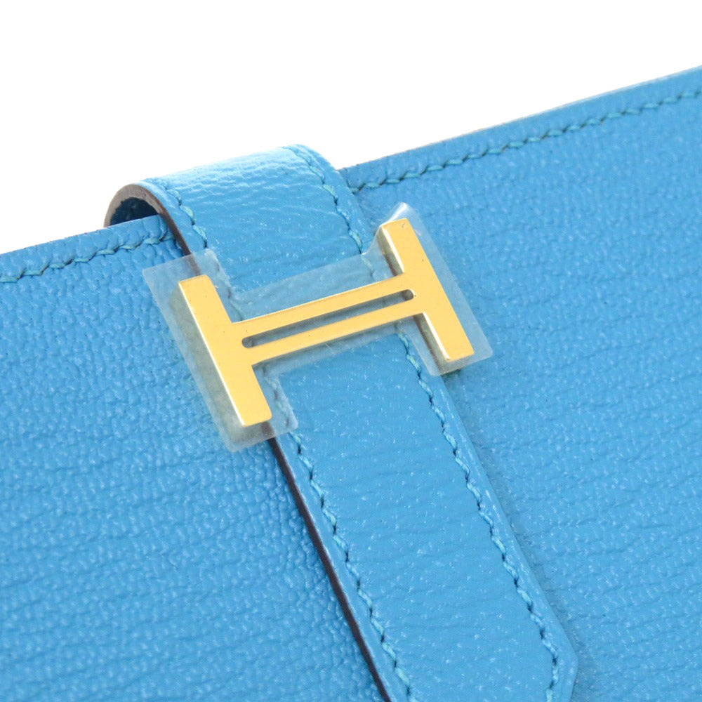 HERMES Long Wallet Purse Shave Blue Az Tech Beansufla Women Used Authentic