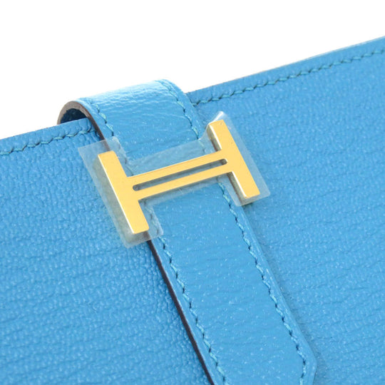 HERMES Long Wallet Purse Shave Blue Az Tech Beansufla Women Used Authentic