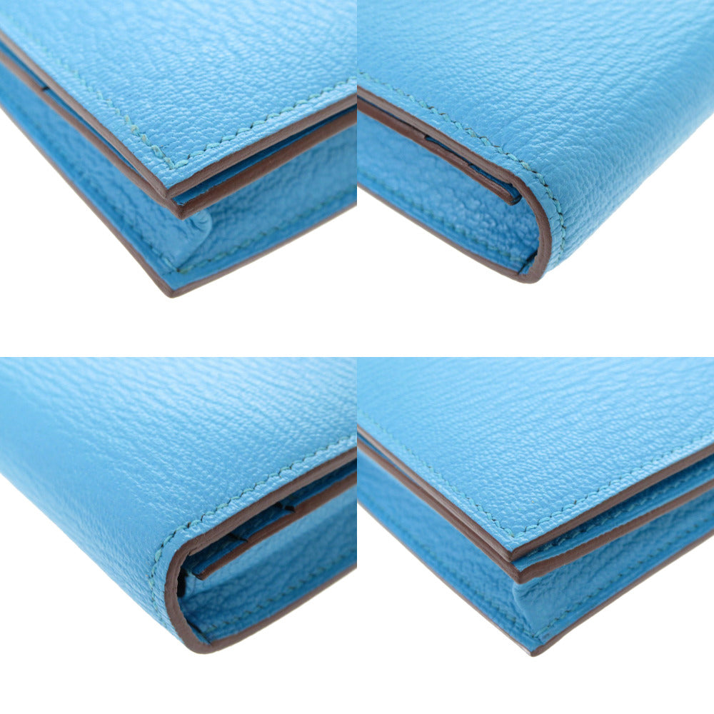 HERMES Long Wallet Purse Shave Blue Az Tech Beansufla Women Used Authentic
