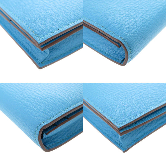 HERMES Long Wallet Purse Shave Blue Az Tech Beansufla Women Used Authentic