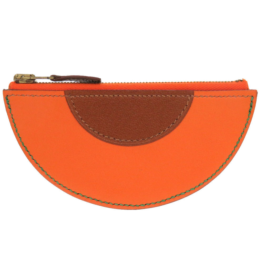 HERMES Coin case leather Orange Fruit orange Women Used Authentic
