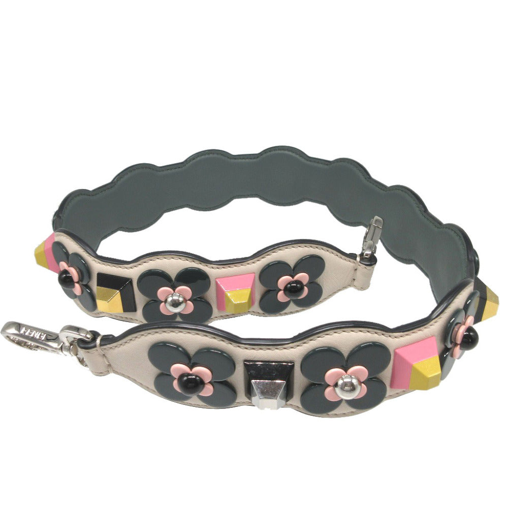 FENDI Shoulder strap leather Ivory Flower studs Strap you Women Used Authentic