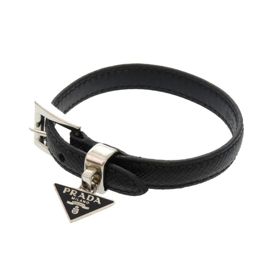 PRADA bracelet leather black Logo Saffiano Plate Women M Used Authentic