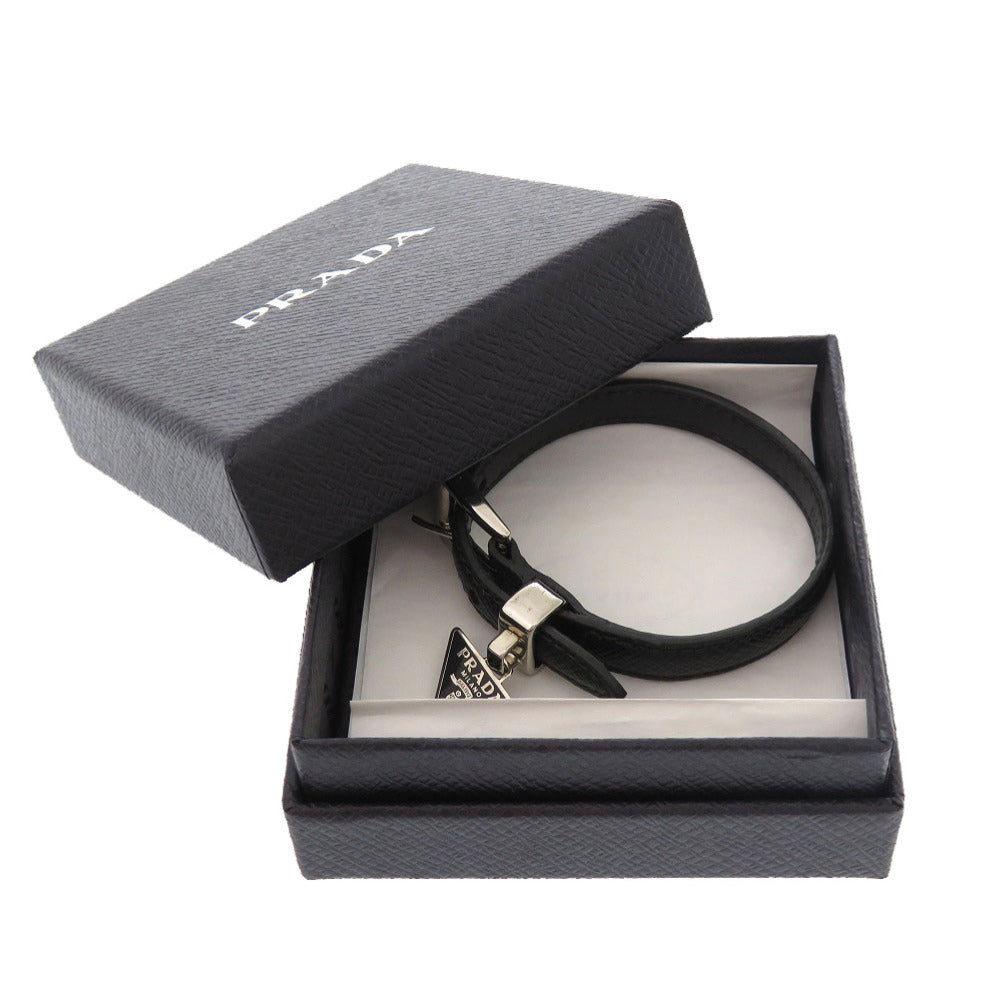 PRADA bracelet leather black Logo Saffiano Plate Women M Used Authentic