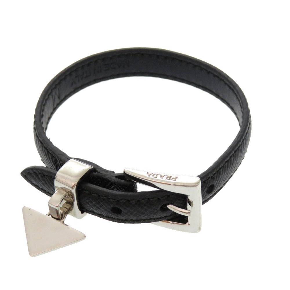 PRADA bracelet leather black Logo Saffiano Plate Women M Used Authentic