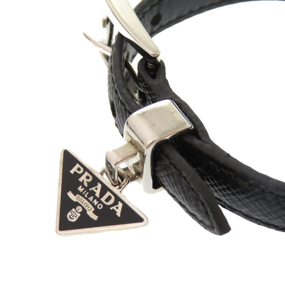 PRADA bracelet leather black Logo Saffiano Plate Women M Used Authentic