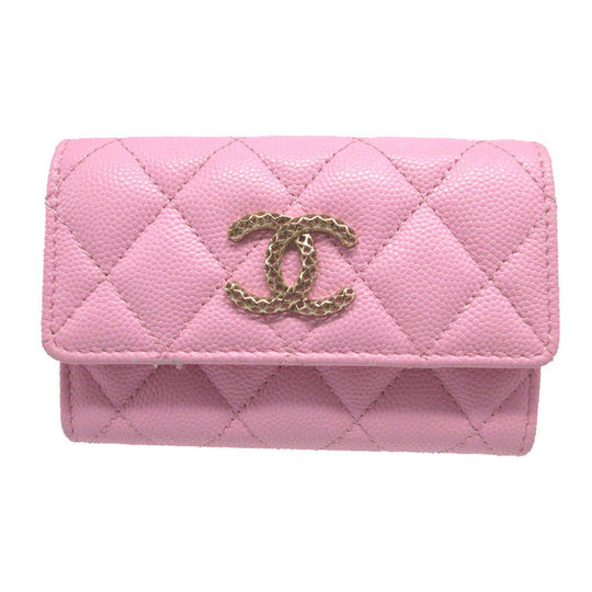 CHANEL Card Case AP3187 Caviar skin pink COCO Mark Matrasse Women Used Authentic