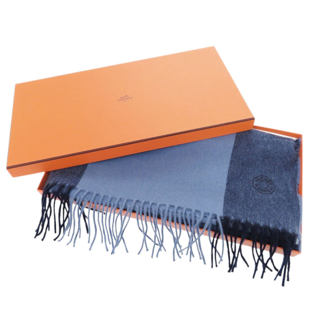 HERMES Scarf cashmere blue H Summer Block