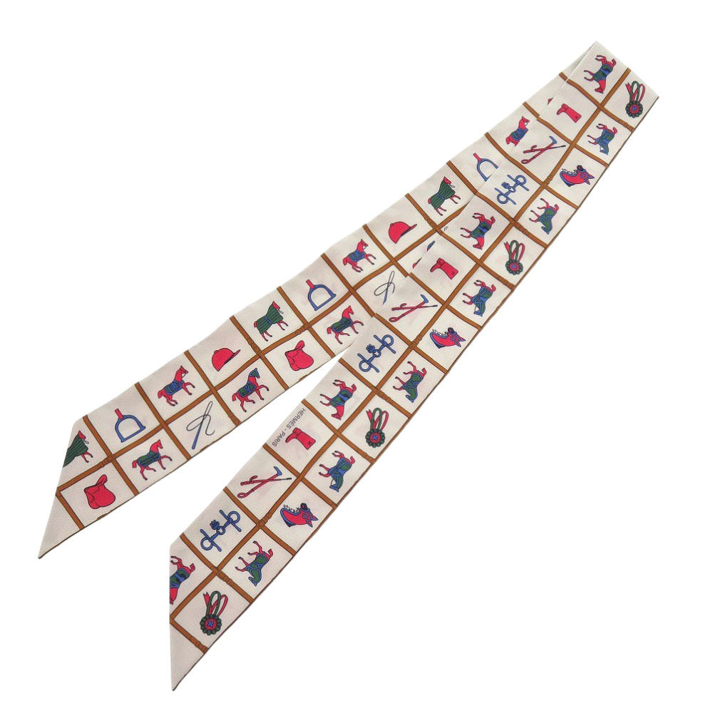 HERMES scarf silk cream Twilly Couvertures et Tenues horse wear Women Used Authentic