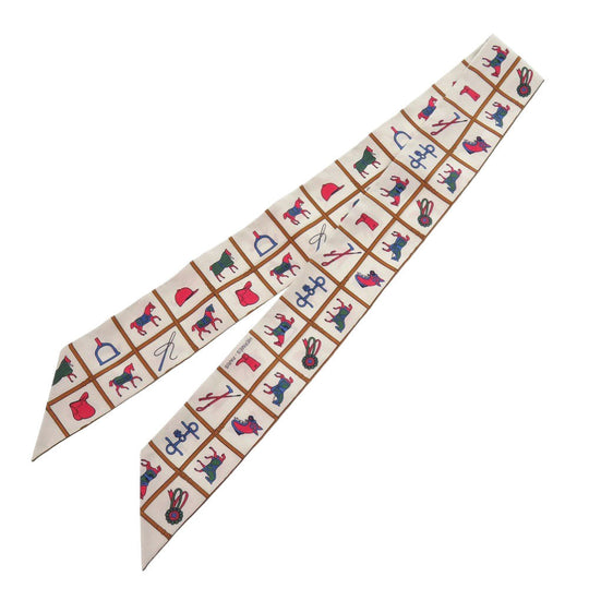HERMES scarf silk cream Twilly Couvertures et Tenues horse wear Women Used Authentic