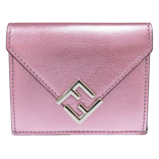 FENDI Tri-fold wallet 8M0480 leather Metallic pink FF Diamond Women Used Authentic